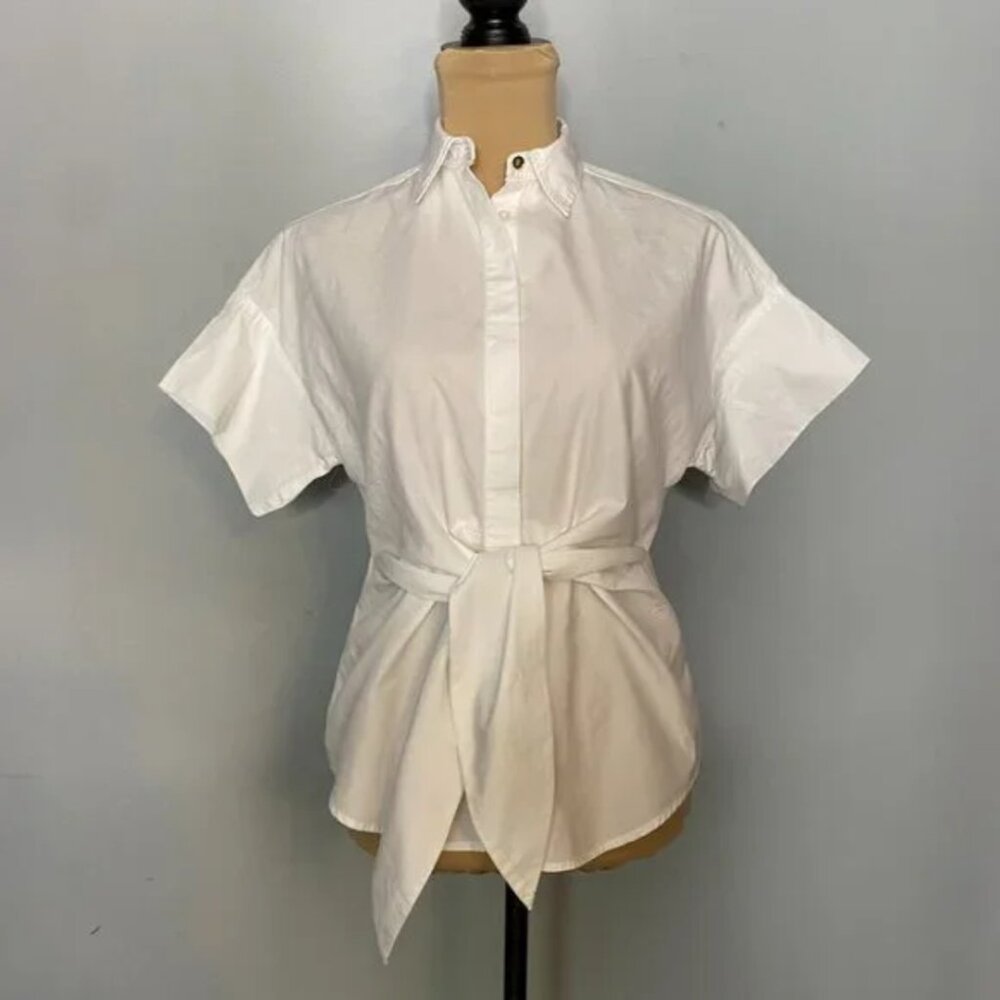 LAUREN Ralph Lauren Tie Front Cotton Short Sleeve Shirt Small Petite - Picture 2 of 8